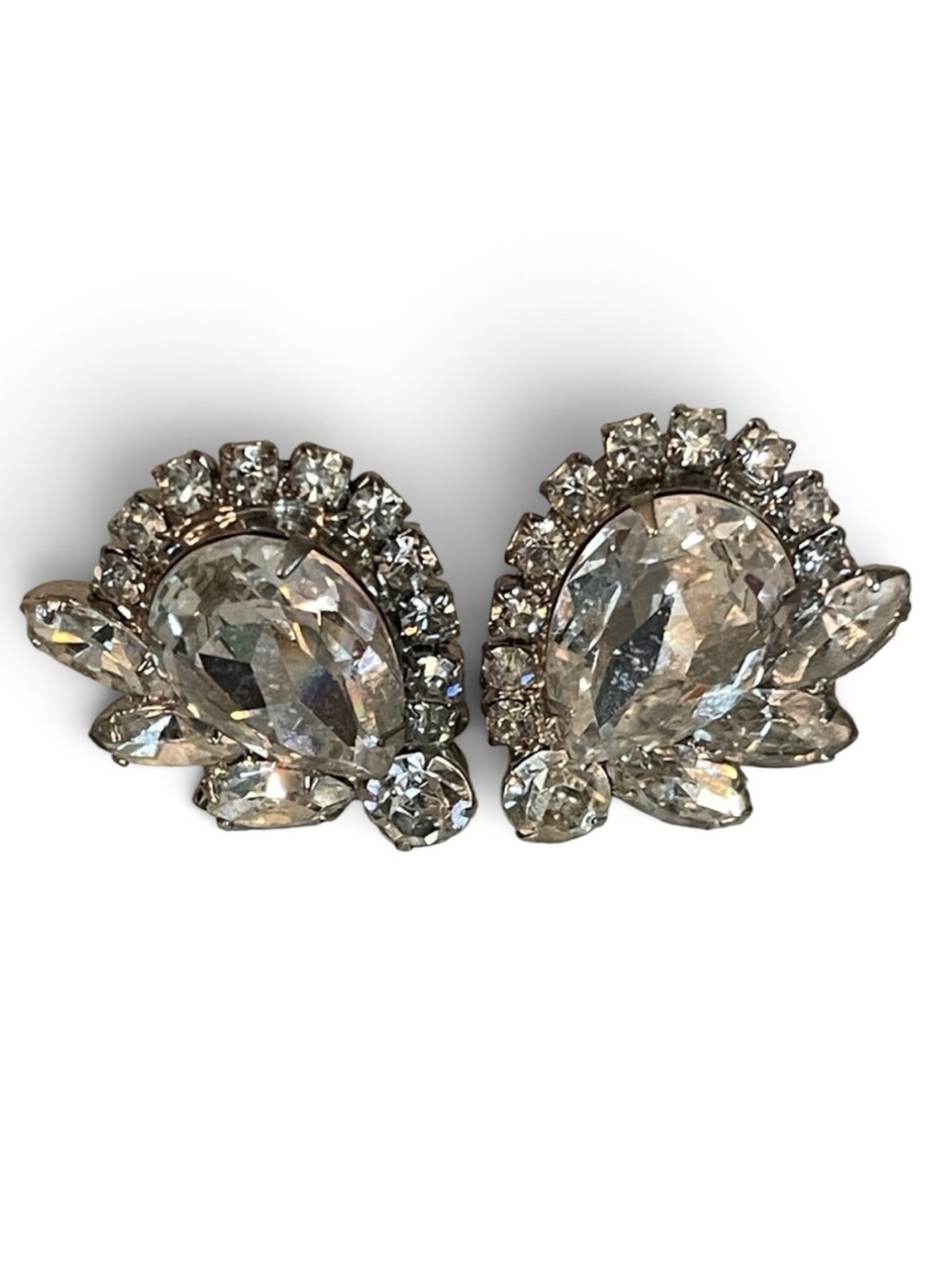 Vintage Mid-Century Cocktail-Style Clear Crystal Rhinestone Earrings
